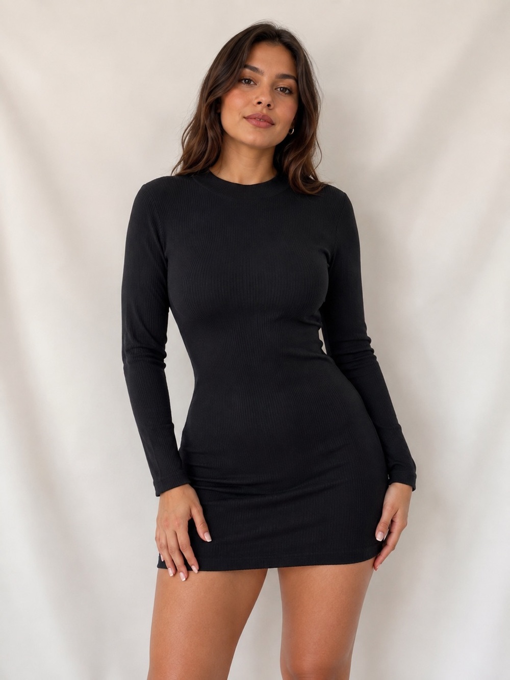 Le Lis Black Ribbed Long-Sleeve Mini Dress Rhinestone back detail.